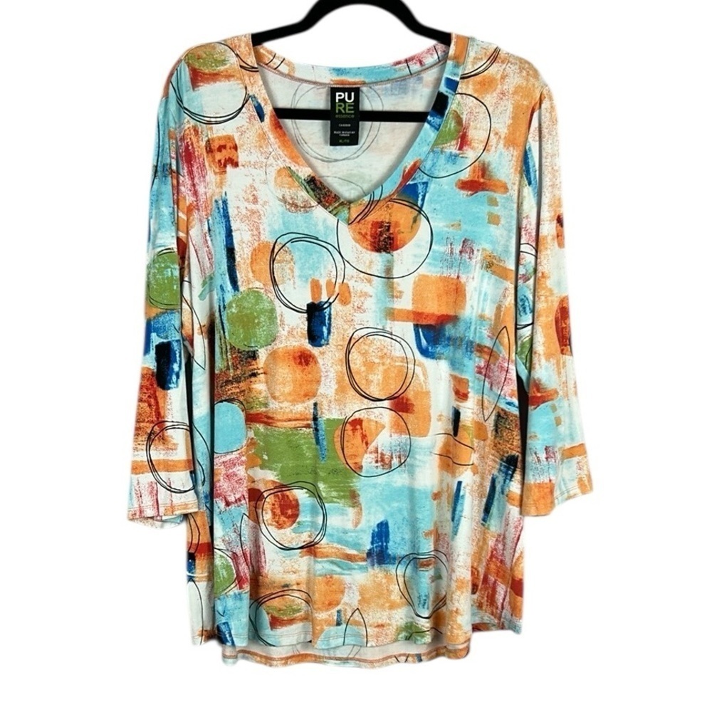 Pure Essence Artsy Coastal Colourful V Neck Long Sleeve Top XL Multicolour